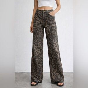 Manfinity M Leopard Print Wide Leg Jeans High Rise Cotton Animal Brown Trendy